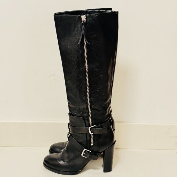 Rebecca Minkoff Boots Womens 8.5 Black Leather Moto Double Buckle Heels Billie - Picture 4 of 12